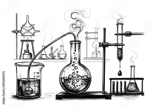 Vintage scientific laboratory setup with bubbling flasks and distillation apparatus