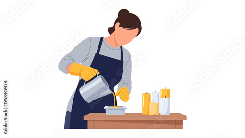 Candle Making Process: A focused artisan, adorned in an apron and gloves, delicately pours molten wax, embarking on a creative journey to craft candles with artistry and precision.