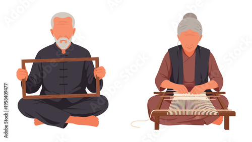 Artisans and Craftsmanship: Two seasoned artisans, embodying tradition and skill, are meticulously creating their craft.