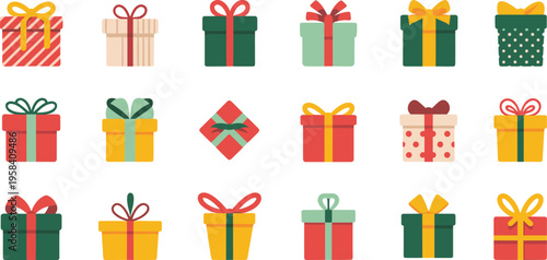 Festive Gift Array: A vibrant array of beautifully wrapped gift boxes, each adorned with a unique bow and designed for various celebratory occasions.