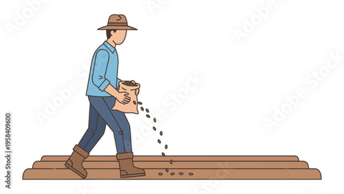 Farmer Sowing Seed: A farmer wearing a hat and boots walks in a field and sows seeds from a bag, representing agriculture and cultivation.