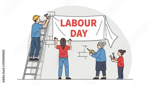 Labour Day Poster Installation: A diverse group works together to put up a 'Labour Day' banner, symbolizing unity and recognition.