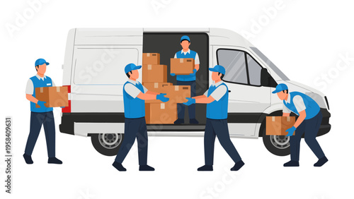 Delivery Team Loading the Van: A diligent delivery team is working in tandem to efficiently load packages into a van.