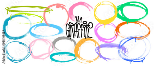 Hand drawn circles, ellipses and bubble shapes to highlight text. Graffiti spray paint style round outline elements with splashes and drips. Rough doodle stencil shapes. Vector illustration.