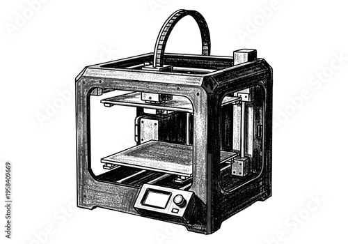 Detailed illustration of a modern 3D printer with a digital display and control knob