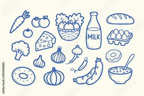Blue line drawing of various grocery food items on cream background
