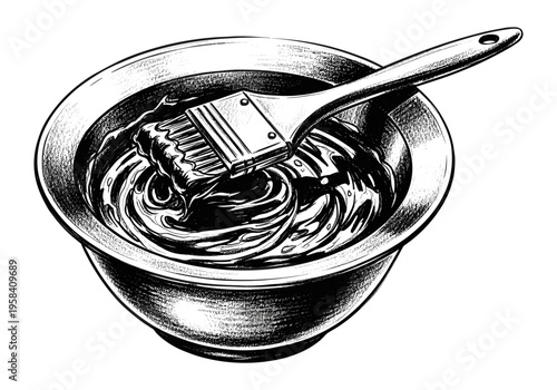 Close-up illustration of a paintbrush mixing dark liquid in a bowl