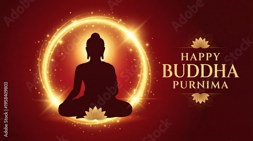 Buddha purnima spiritual festival illustration showing golden buddha statue meditation on lotus with full moon night sky water lanterns symbolizing peace wisdom enlightenment 