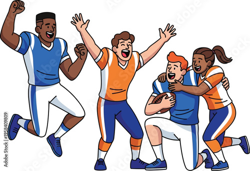 Diverse group of four enthusiastic football players in blue and orange uniforms celebrate a victory with raised arms and embraces.