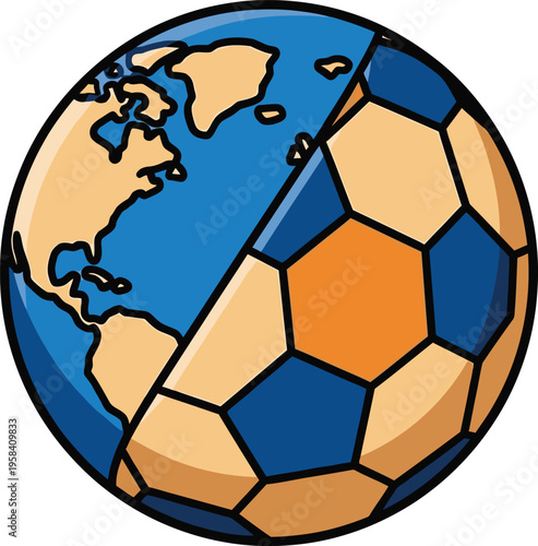 Conceptual globe graphic shows one half as a detailed world map and the other half as a stylized soccer ball pattern.