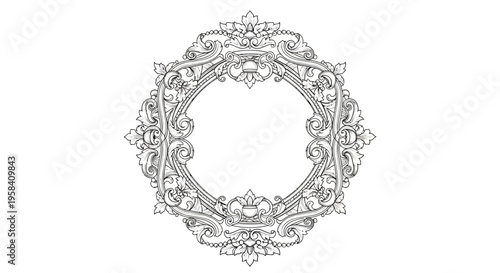 Intricate vintage circular ornamental frame with floral motifs and decorative swirls, perfect for elegant invitations and classic designs