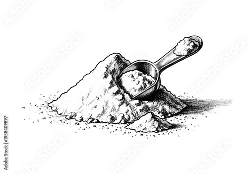 Hand drawn illustration of a scoop in a pile of powder on a white background