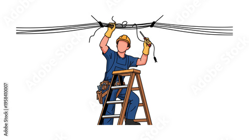 Wiring Up the Power: An electrician diligently repairs overhead power lines, embodying expertise and precision in their crucial role.