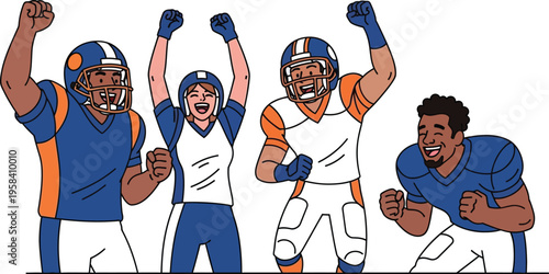 A diverse group of four enthusiastic football players, two men and two women, celebrate victory with raised arms and cheerful expressions.