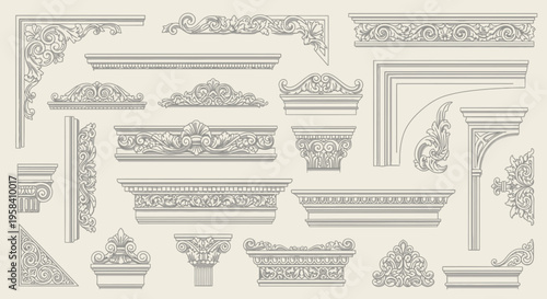 Collection of ornate architectural decorative elements, featuring intricate carvings and detailed mouldings for ornamental design