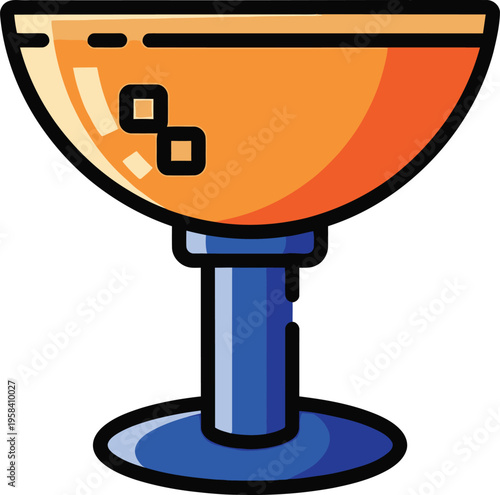 A stylized, amber-colored cocktail served in a tall, blue-stemmed coupe glass suggests celebratory drinks or mixology concepts.