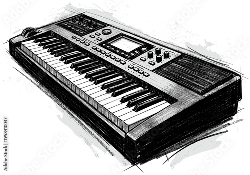 Detailed sketch of a modern electronic keyboard instrument with many buttons and controls