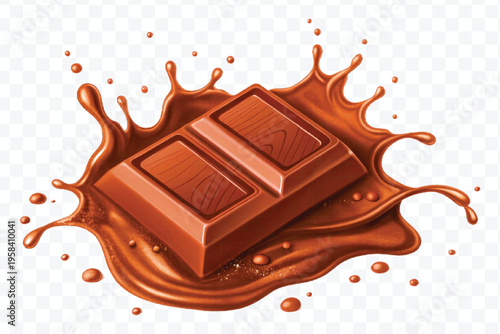 abstract 3d chocolate bar into liquid chocolate splash with bubbles in curve style isolated on transparent background