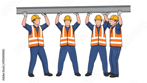 Construction Crew Collaboration: A construction crew works in unison, lifting a heavy beam, demonstrating teamwork and precision in action.