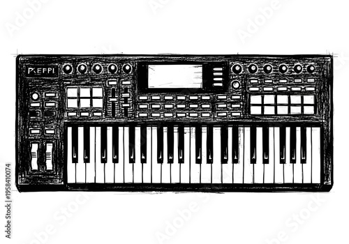 Hand drawn sketch of a modern music production synthesizer keyboard controller