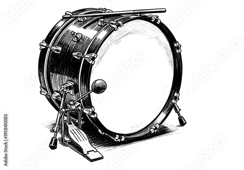 Detailed illustration of a bass drum with pedal and drumstick