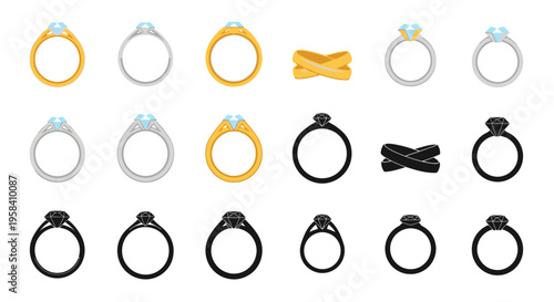 Set of various diamond and plain rings, representing love, commitment, and marriage, depicted in a clean, modern vector illustration style for design elements