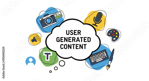 "User Generated Content" typography with icons representing diverse media types (photo, video, audio, text, art).