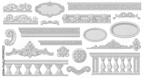 Collection of ornate decorative architectural elements and classic balustrade designs, showcasing intricate scrollwork and detailed mouldings for elegant interiors and exteriors