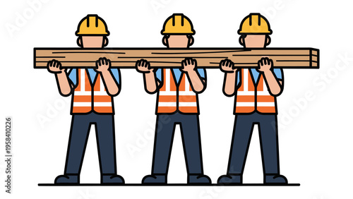 Building the Foundation: A team of construction workers working in unity and bearing the weight of responsibility. Illustrated to show dedication and coordination.