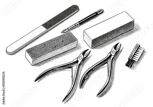 Collection of manicure and pedicure tools arranged on a white background