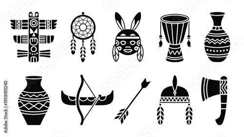 Native American tribal symbols and objects on white background
