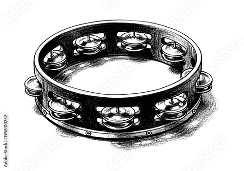 Detailed black and white sketch of a tambourine with jingles and a dark frame