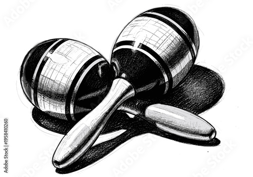 Striking black and white illustration of two maracas resting on a surface