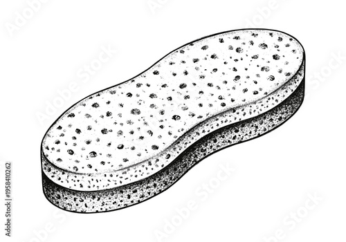 Detailed black and white illustration of a dual-layer cleaning sponge on a white background