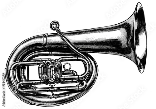 Detailed black and white illustration of a brass tuba on a white background