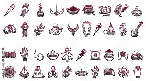 Indian Wedding Icon Set in Hand-Drawn Style. A collection of Indian Culture Linear Icons, Including Henna, Mehndi, Jewelry, Dhol, Diya, Sitar, Bangle, Bride, and more. Vector Illustration.