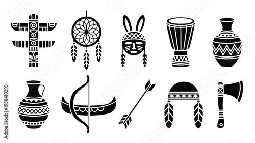 Native american tribal symbols and objects on white background