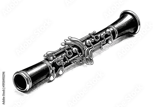 Detailed illustration of a black clarinet with silver keys on a white background