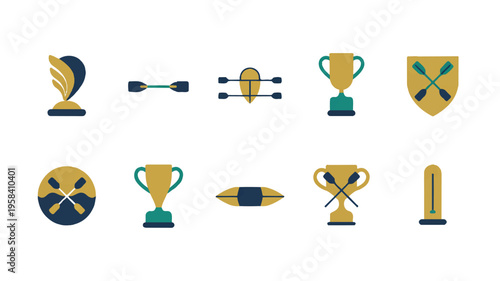 Rowing sport icons with trophies and shields  rowing oars
