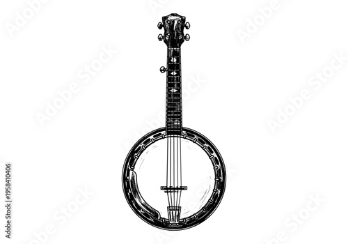 Vintage banjo illustration with detailed headstock and circular body on white background