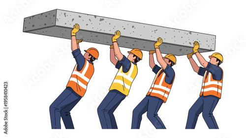 Lifting a Concrete Slab: A team of construction workers work together, lifting a heavy concrete slab. The image conveys the essence of teamwork, physical labor, and the construction process. 