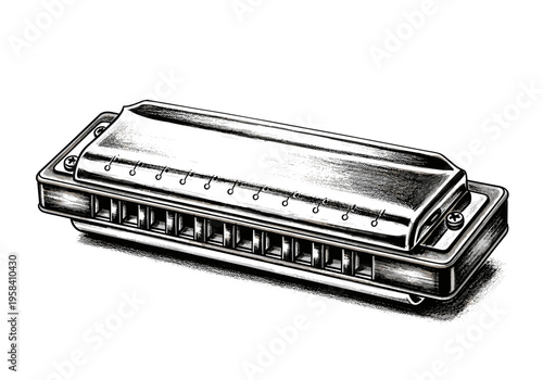 Detailed black and white illustration of a classic harmonica on a white background