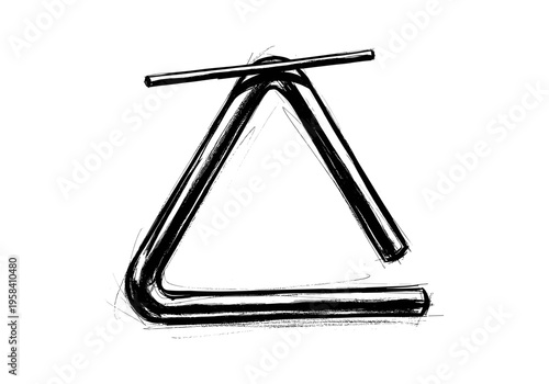 Hand drawn musical triangle instrument with beater on white background