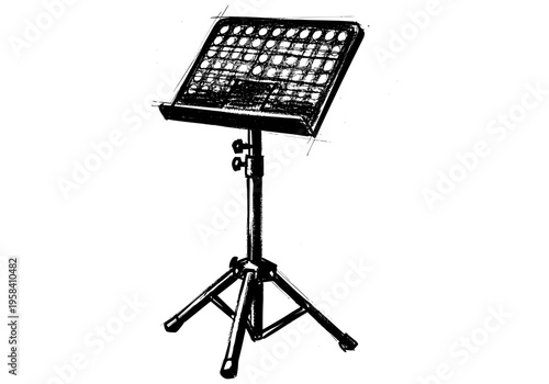 Sketch of a portable music stand with a perforated top surface for holding sheet music