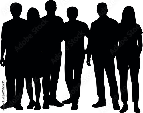 Group of diverse people silhouettes standing together, teamwork unity concept, isolated black figures on white background, community and collaboration theme