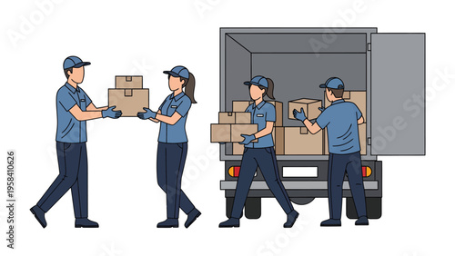 Logistics Team: A group of diligent logistics workers efficiently load packages onto a delivery truck, showcasing seamless coordination and commitment in their workflow.