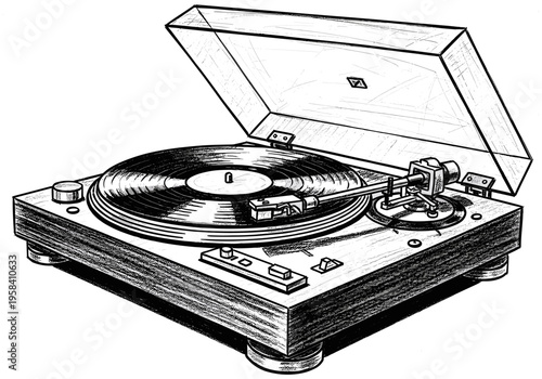 Vintage turntable with vinyl record playing classic music