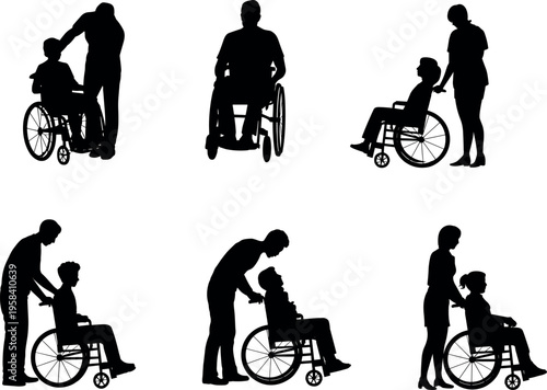 Caregiver assisting wheelchair users silhouettes, disability support and healthcare concept, rehabilitation assistance, isolated black figures collection on white background
