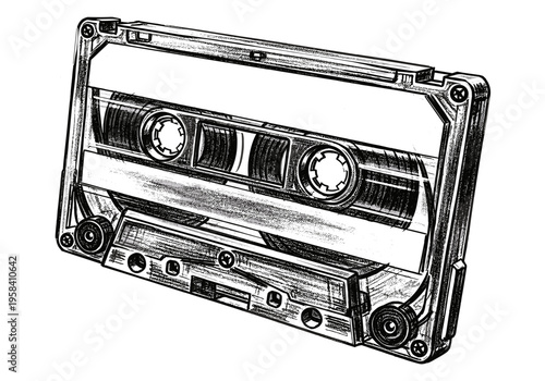 Detailed sketch of a vintage audio cassette tape with visible reels and magnetic tape