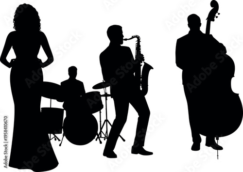 Jazz band silhouettes performing with singer, saxophone, double bass and drums, live music concert concept, isolated black figures on white background